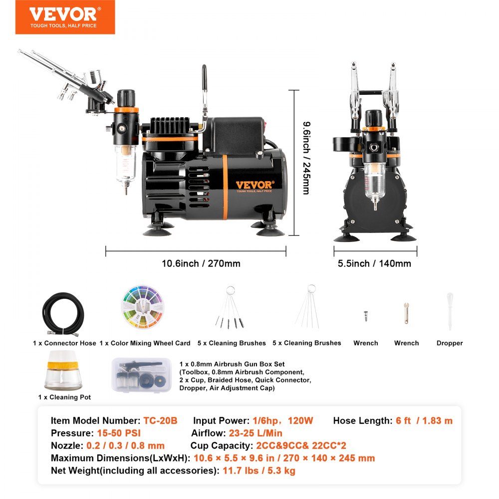 Airbrush-set, luchtcompressor met dubbele ventilator, professionele airbrush-systeemset met 3 airbrushes, houder, verfmengwiel, reinigingsborstelset, airbrush-set voor kunst, nagels, koekjes, make-up, K