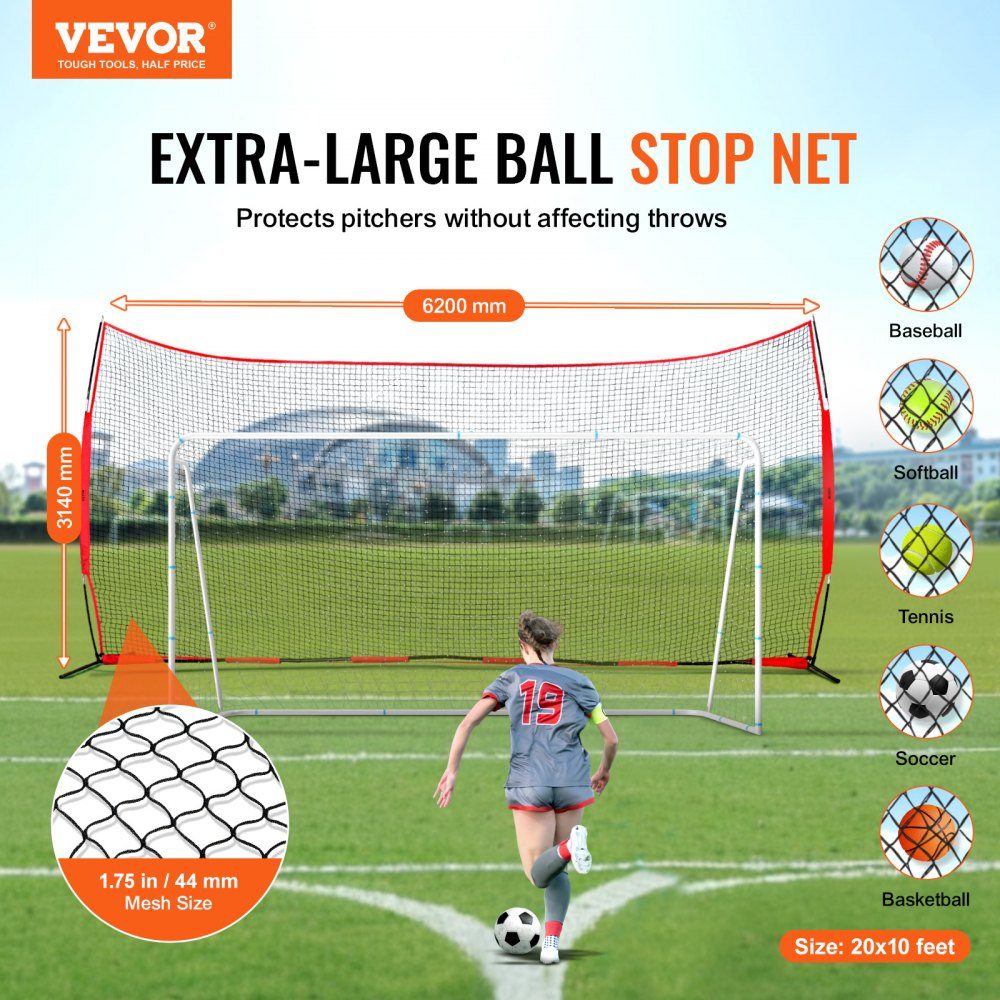 Backstop-Netz, 620 x 140 cm, Ballsport-Absperrnetz, Übungsausrüstung mit Tragetasche, Schutzschirm für Baseball, Softball, Lacrosse, Fußball- und Hockey-Training, Garten