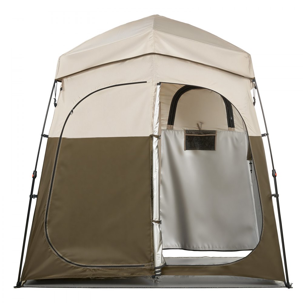 Tente de douche, tente de toilettes (2140x1120x213 cm) avec écran d'intimité et 2 pièces, tente à langer avec piquets, cordes et sac de transport, tente d'intimité en tissu Oxford 150D pour le camping, la plage, la pêche