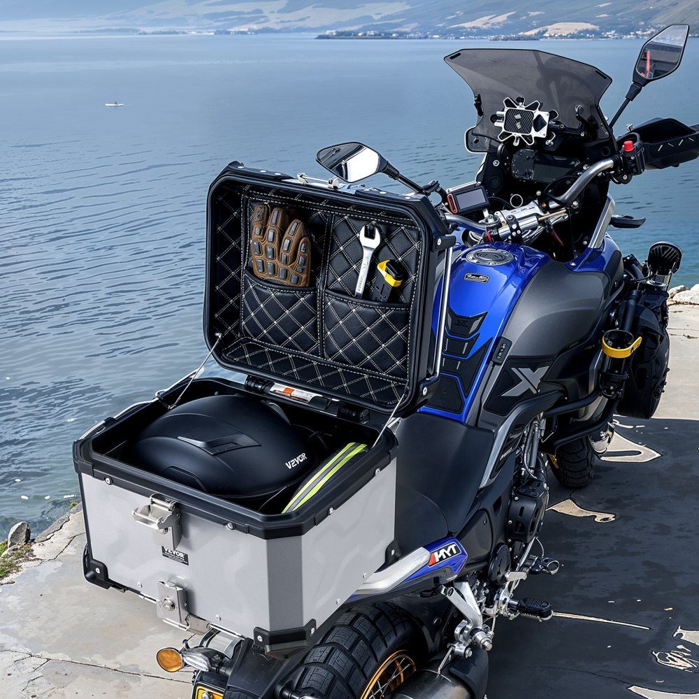 Motorrad-Topcase, Motorradkoffer, 45 l, Heckbox aus Aluminiumlegierung mit Lederfutter, abnehmbare Motorrad-Topbox mit Schloss und Rückenpolster, Helmkoffer (435 x 378 x 348 mm), Silber