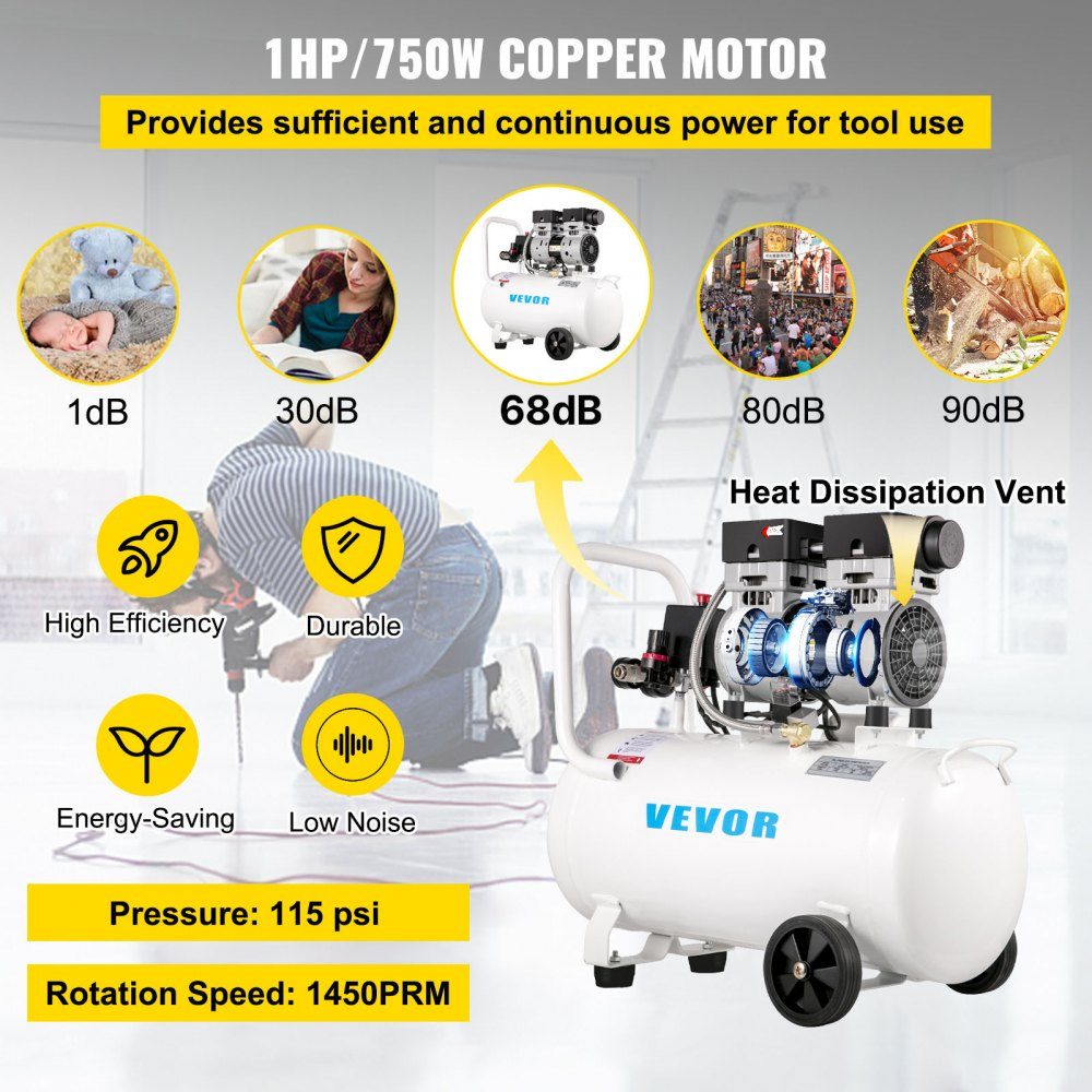 Whisper compressor 50 L, quiet oil-free compressor 750 W, oil-free air compressor 68 dB, compressed air compressor 230 V, quiet compressed air boiler 170 L/min exhaust air volume, with built-in exhaust fan