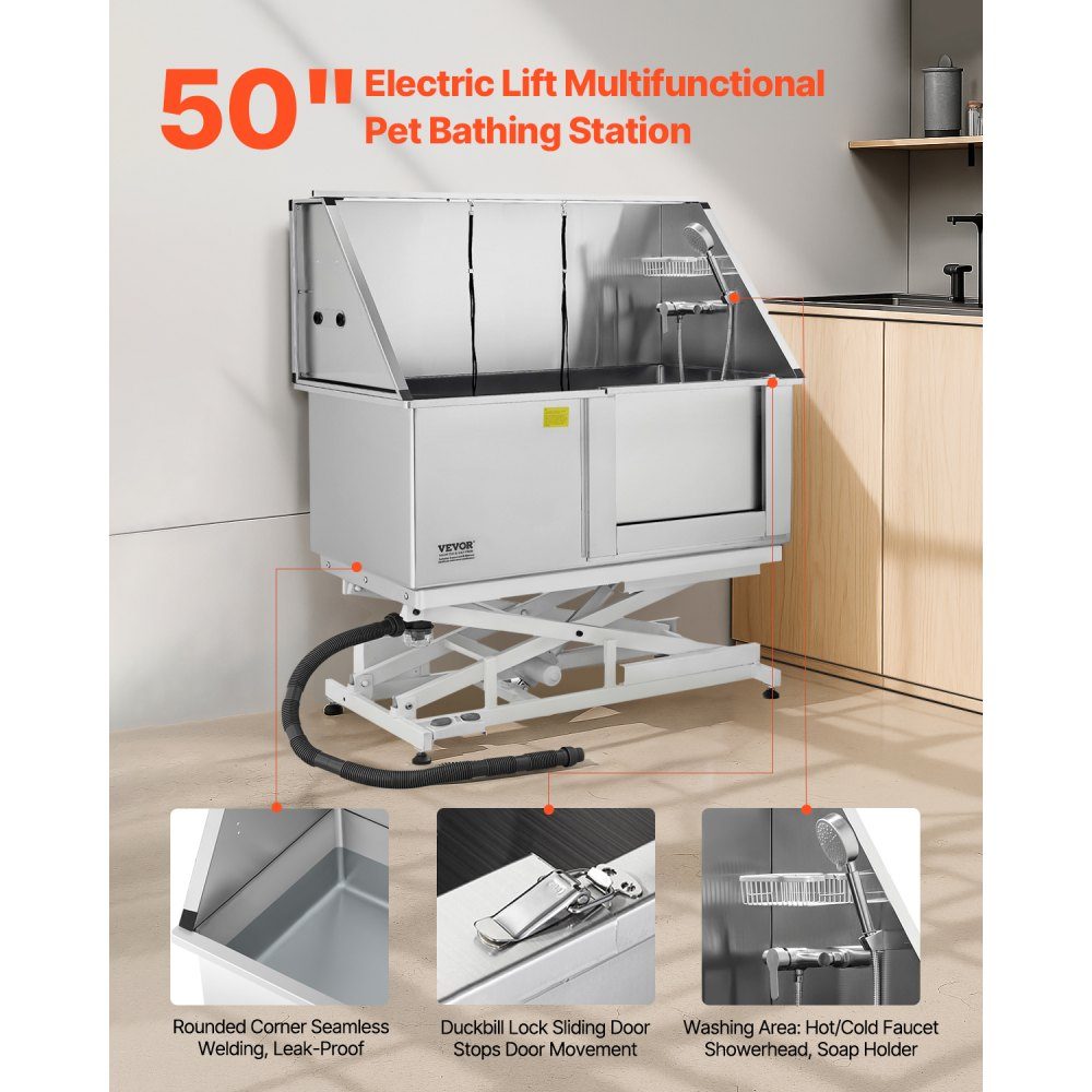 Electric Dog Washing Station with Lift Function, 50 Inch Stainless Steel Pet Grooming Tub with PE Water Filter Plate, Faucet and Shower Head, Dog Bathtub, Pet Wash Basin (Right Door)