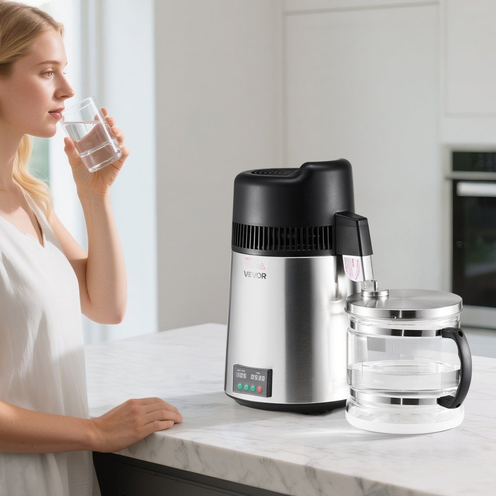 Wasserdestilliergerät 6L größerer Reinwasserfilter, 900W Glasdestilliergerät, Trinkwassergerät mit Edelstahlinnenraum zur Herstellung von sauberem Wasser, Wasserdestilliergerät Silber