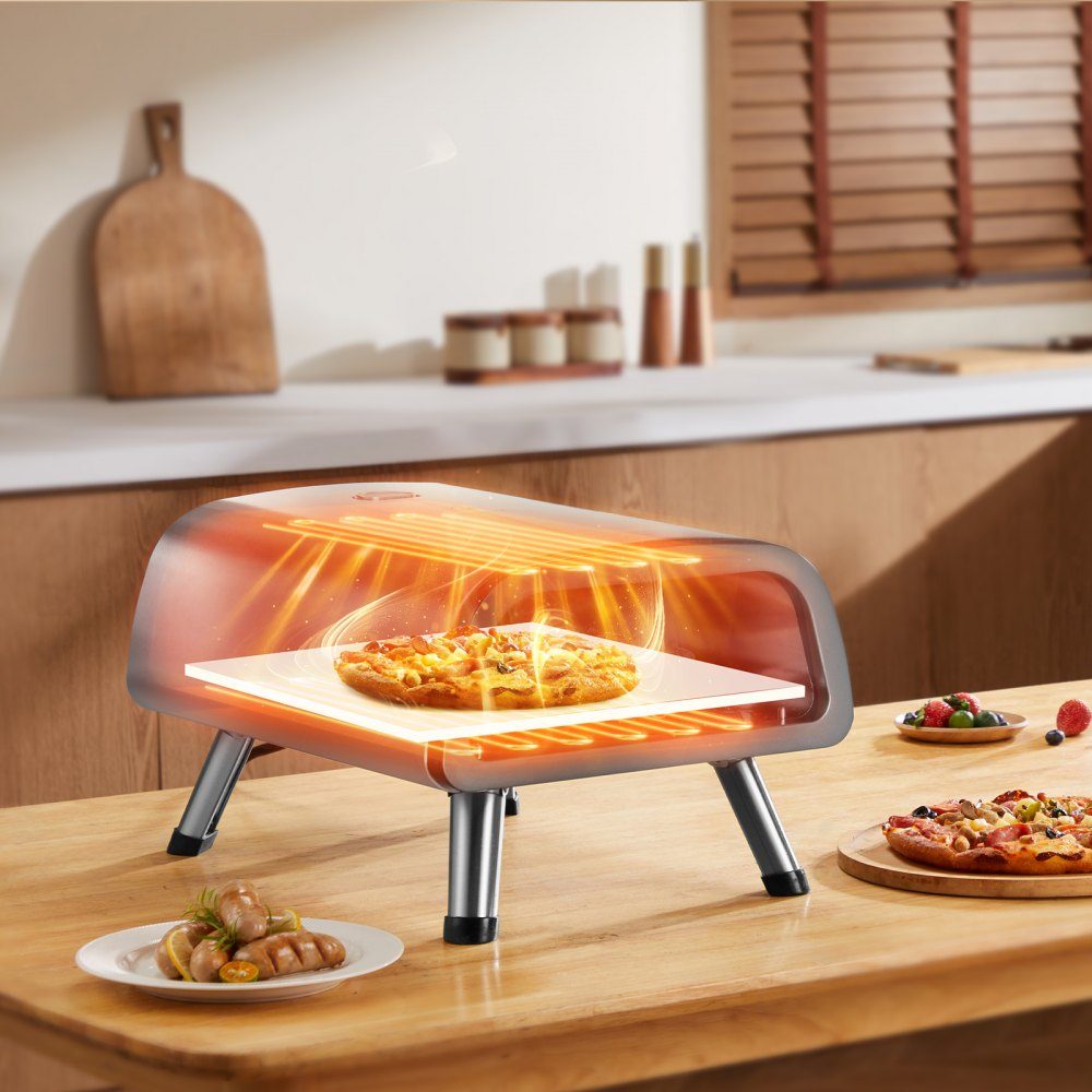 Elektrische pizzaoven, oven 305 mm, roestvrijstalen pizzamaker met pizzasteen, spatel, dubbele knop, verwarmt tot 427°C, multifunctionele pizzaoven voor het bakken van pretzels in een restaurant thuis