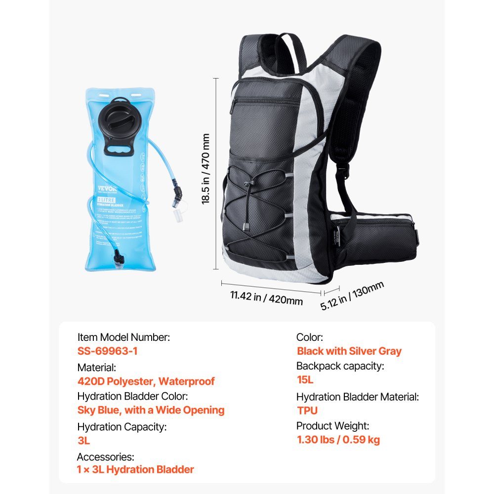 Hydration Backpack 15L Insulated Backpacks with 3L TPU Water Bladder Running Backpack Hiking Backpacks for Cycling Running Trip Black Hydro Water Daypack for Men Women