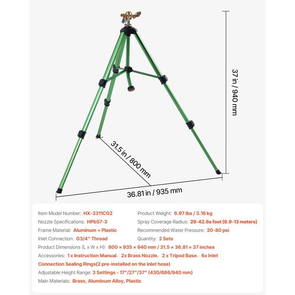 Sprinkler-Teleskopstativ, 2er-Set mit Messingkopf und G3/4-Zoll-Anschluss, 360-Grad-Hochleistungs-Rasensprinkler für große Flächen, verstellbare Höhe 430 mm, 686 mm, 940 mm für den Hof