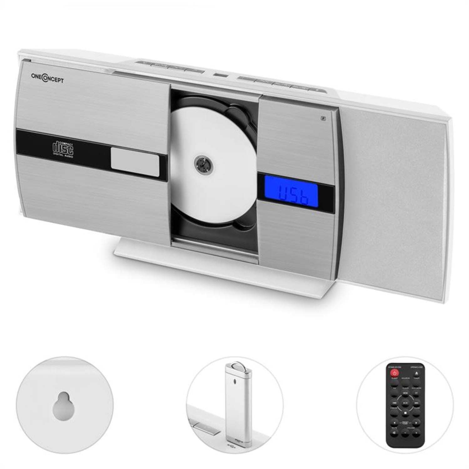 Verticaal stereosysteem, micro-cd-speler, wandradiotuner, wekker, USB-audio Verticaal stereosysteem, micro-cd-speler, wandradiotuner, wekker, USB-audio