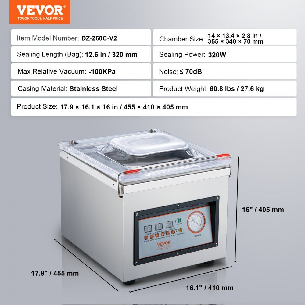 Machine sous vide à chambre Machine sous vide de 320 W pour aliments humides, marinades de viande, etc. Taille compacte avec une longueur de soudure de 32 cm Peut être utilisée dans les cuisines privées et les zones commerciales