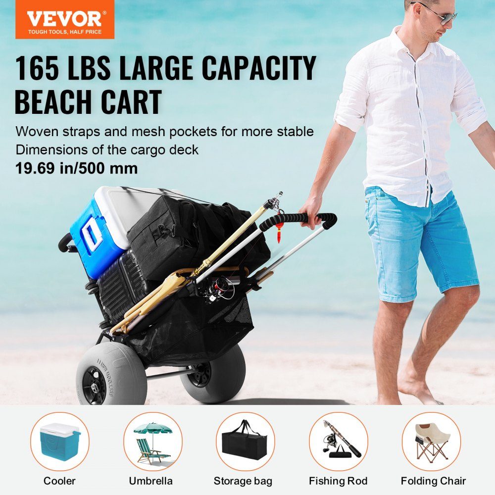 Beach Wagon, Handcart, Sand Wagon, Beach Wagon, 74.84 kg Load Capacity, Folding Aluminum Sand Wagon, 685 to 1135 mm, Height Adjustable, Heavy Duty Beach Wagon