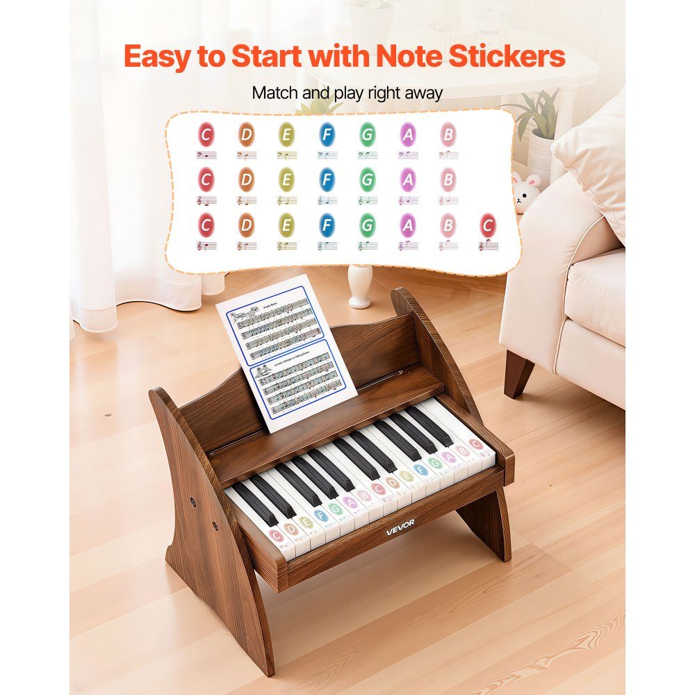 Children's keyboard, 25 keys, electric piano, wooden piano for children aged 3 and over, musical toy with realistic sound, dual power, adjustable volume, early musical education, walnut wood