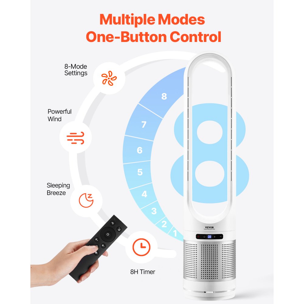 Torenventilator zonder blad, snelle ventilator op voetstuk van 4,7 m/s, 80° oscillerende ventilatoren met 8 snelheden, timer van 8 uur, H13 HEPA-filtering, afstandsbediening en luchtzuiveringsmodus Torenventilator zonder blad, snelle ventilator op voetstuk van 4,7 m/s, 80° oscillerende ventilatoren met 8 snelheden, timer van 8 uur, H13 HEPA-filtering, afstandsbediening en luchtzuiveringsmodus