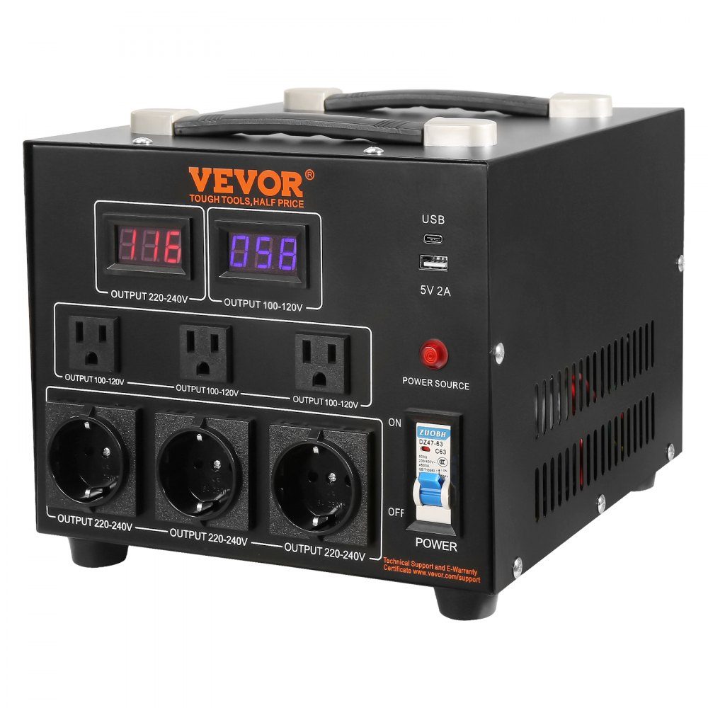 3000 W Spannungswandler-Transformator AC 110 V⇋220 V Transformator-Konverter 3 US NEMA 5-15R 3-polige Ausgangsbuchsen, 3 europäische Shucko-Ausgangsbuchsen, 1 USB-Buchse und 1 Typ-C-Buchse
