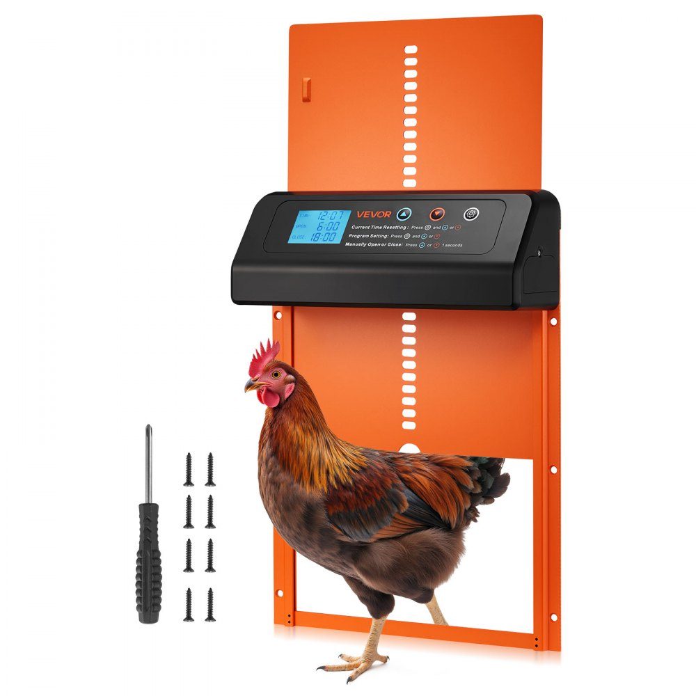 Automatische Hühnerklappe, Hühnerstalltür mit Timer, manuelle Einstellung und Einklemmschutz, Hühnertür, Hühnerstall-Toröffner mit wasserdichter Dichtung, Orange, 350 x 250 x 73 mm