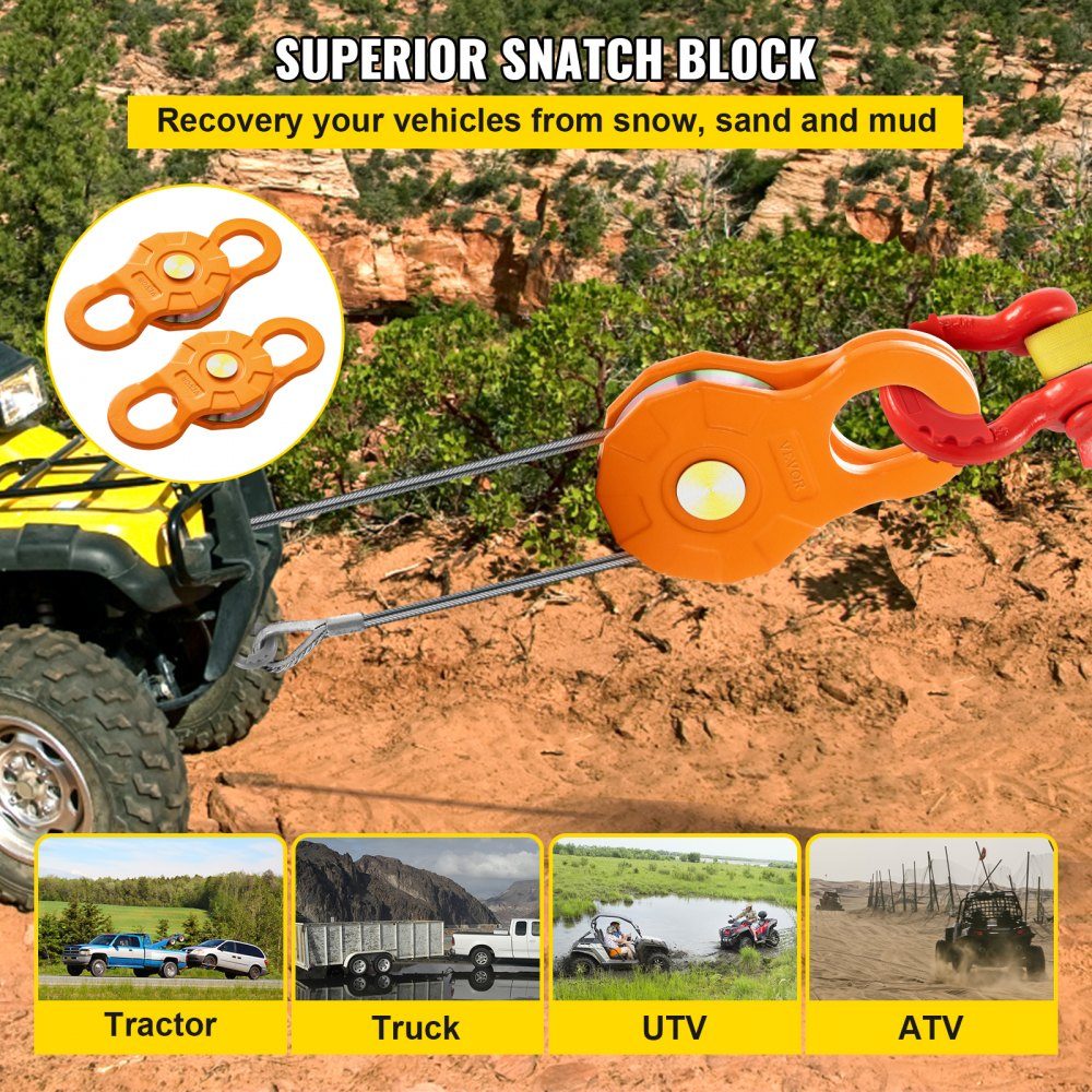 Snap Block, 11T/25lb Working Load Limiter, Heavy Duty Winch Pulley for 14mm Synthetic Rope or Soft Shackles, Off-Road Recovery Accessories for Tractor, Truck, ATV and UTV, 2 Packs