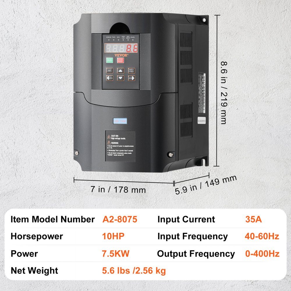 Frequenzumrichter VFD 10 PS 7,5 kW 35 A 1 oder 3 Phasen 220 V Eingang zu 3 Phasen 220 V Ausgang 40–60 Hz Eingang 0–400 Hz Ausgang VFD für Spindelmotor CNC-Geschwindigkeitsregelung