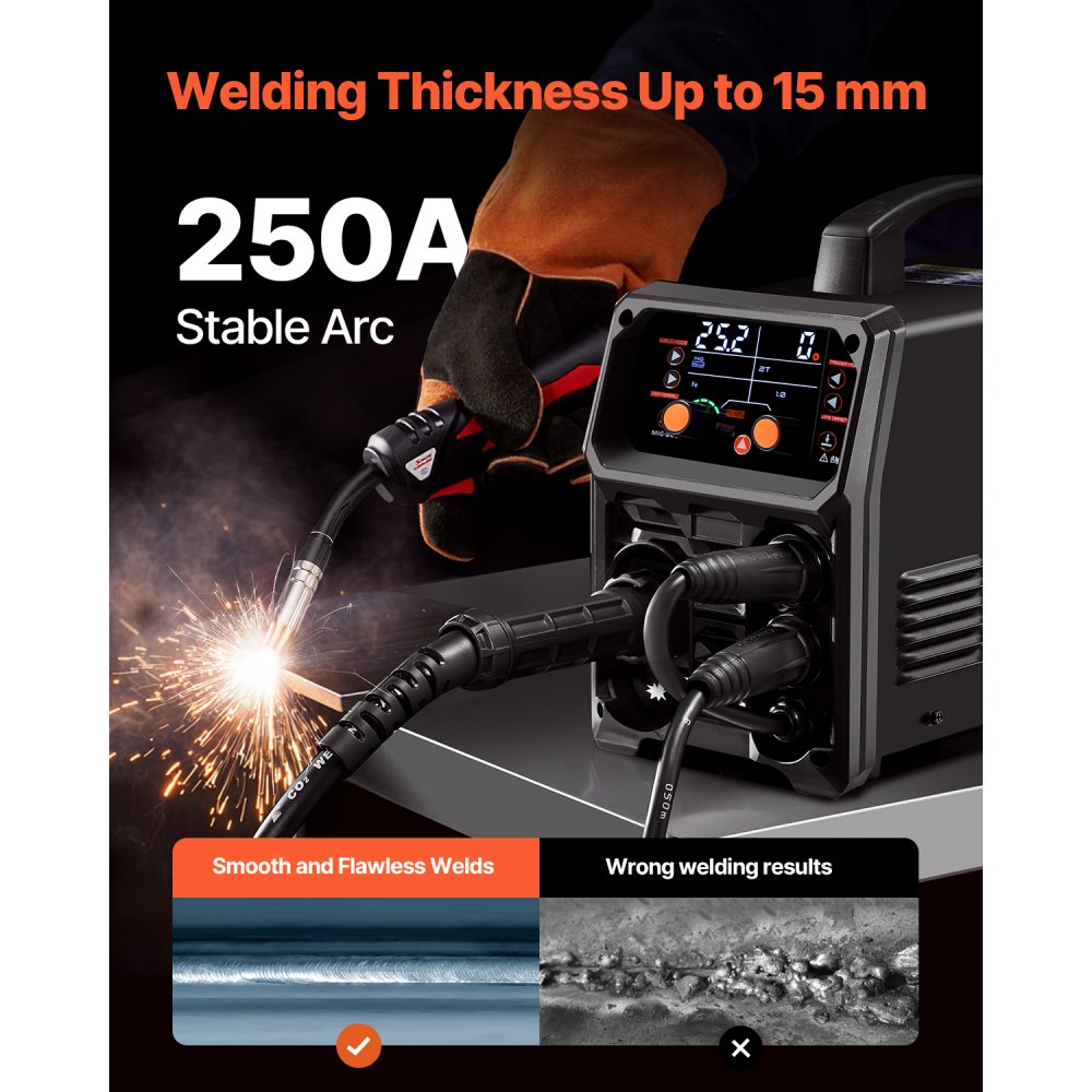 Pro MIG Welder, 250 Amp Pluse MIG Welder, 5-in-1 Synergy Welder Gasless MIG, Gas MIG, MMA, Lift TIG, MIG Pluse with IGBT inverter technology and LCD screen display