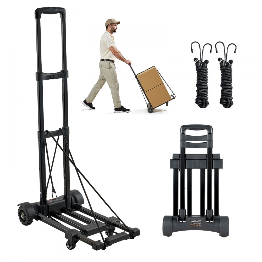Diable pliable, capacité de charge de 131,5 kg, camion de transport à 4 roues, 2 cordes élastiques et base extensible, chariot de transport pour aéroport, bagages, déménagements de bureau, noir, 530x320x970mm Diable pliable, capacité de charge de 131,5 kg, camion de transport à 4 roues, 2 cordes élastiques et base extensible, chariot de transport pour aéroport, bagages, déménagements de bureau, noir, 530x320x970mm