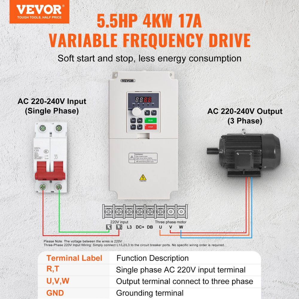 Inverseur de fréquence VFD 220 V 4 kW 5,5 HP Convertisseur VFD Variateur variable Vitesse contrôlable Protection multiple Humidité 0-90 % Matériau ABS Fonction de refroidissement par air Faible bruit