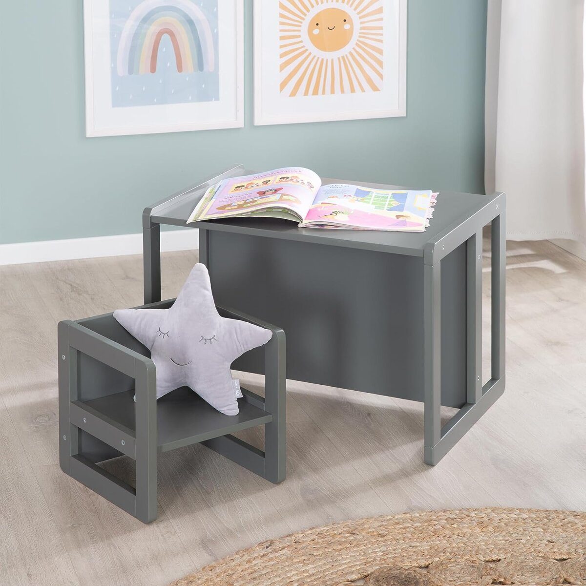 roba children's seating group 3in1 - reversible stool & table - convertible into a children's bench, anthracite