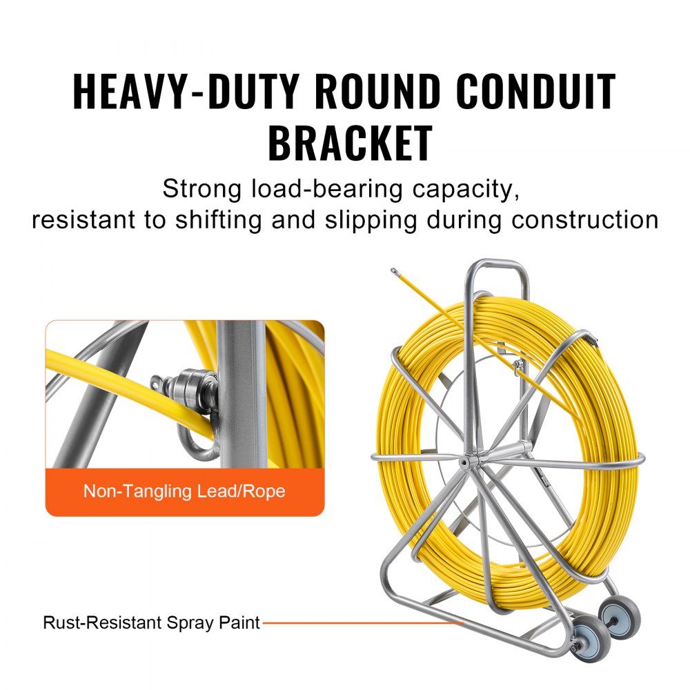 Retractable Tape 200m 5/16" Pipe Puller Retractable Tape Wire Puller Cable Management Rod with Steel Reel Stand 3 Pull Heads Fishing Tool for Walls and Electrical Wires Non-Conductive