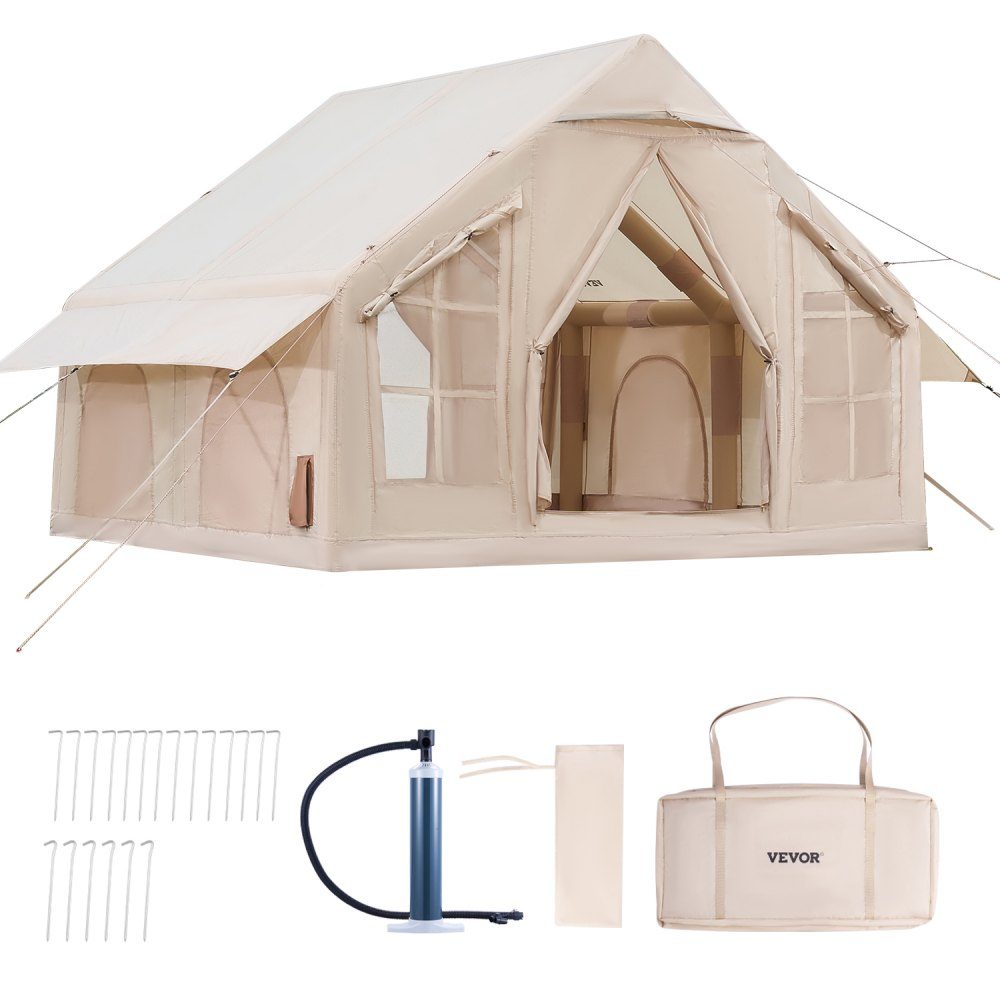 Opblaasbare kampeertenten 3 x 3 x 2,3 m 4-6 personen 300D Oxford 4-seizoenen glampingtent met handpomp, kachelaansluiting, 2 deuren en 4 gaasramen, inclusief opbergtas voor transport