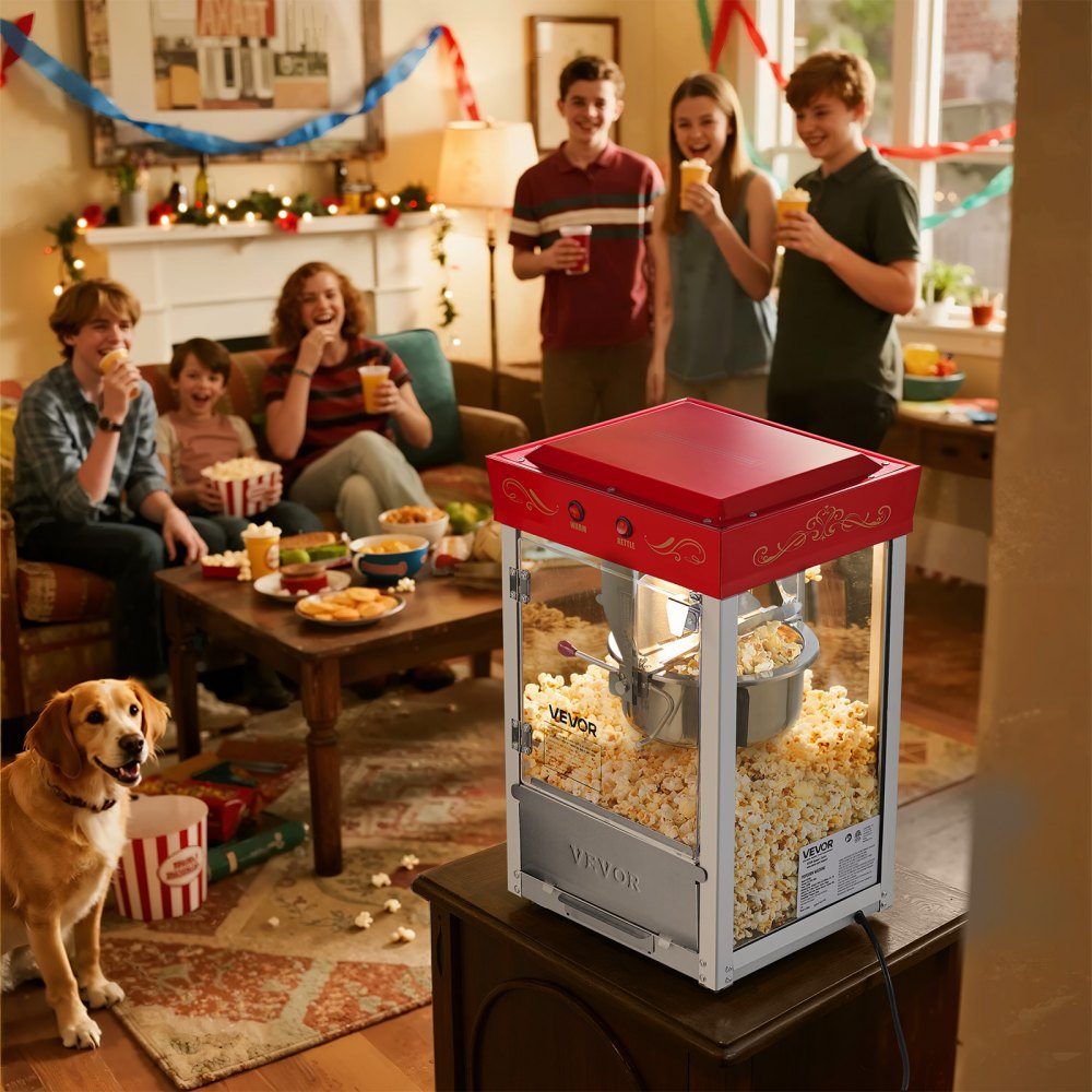 Popcorn Machine with Stainless Steel Boiler, 800W Commercial Popcorn Machine, 48 Cups per Load, Cinema Style, with 2 Button Control, Glass Wall, PC Door, 1 Scoop, 3 Spoons, Red