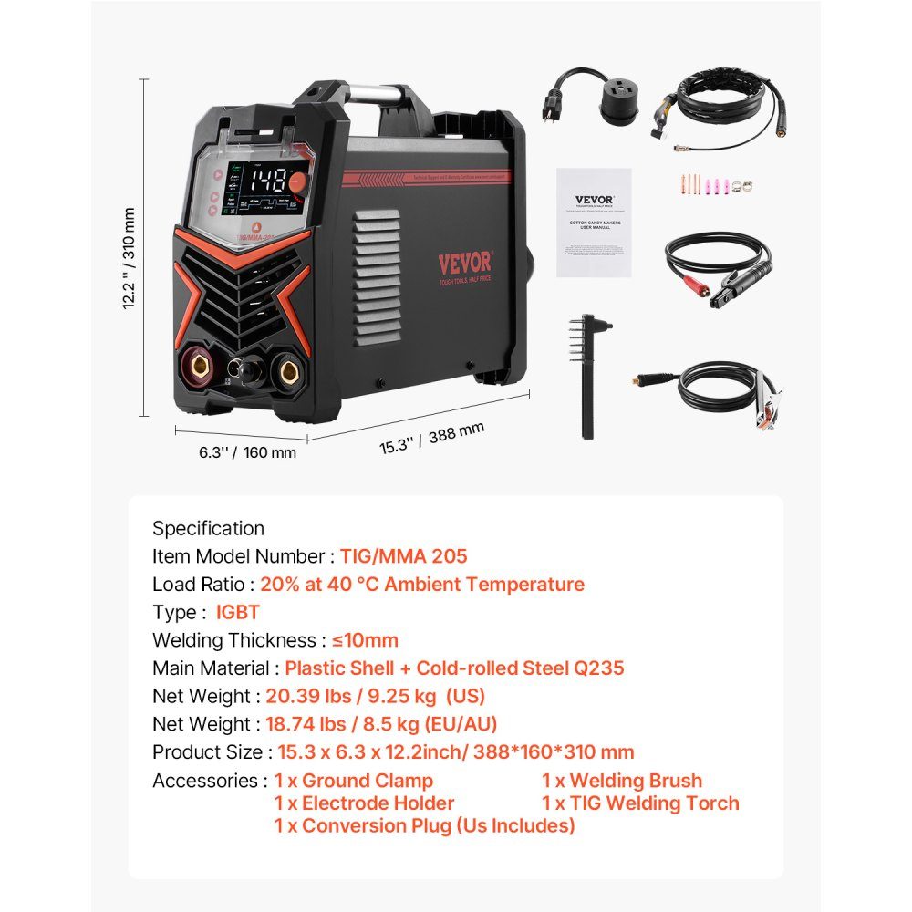 WIG-Schweißgerät, 3-in-1-Schweißgerät (großes LED-Display) – DC WIG/DC Pulse WIG/MMA (Stick), elektrisches Schweißgerät mit IGBT-Inverter-Hochfrequenzstart