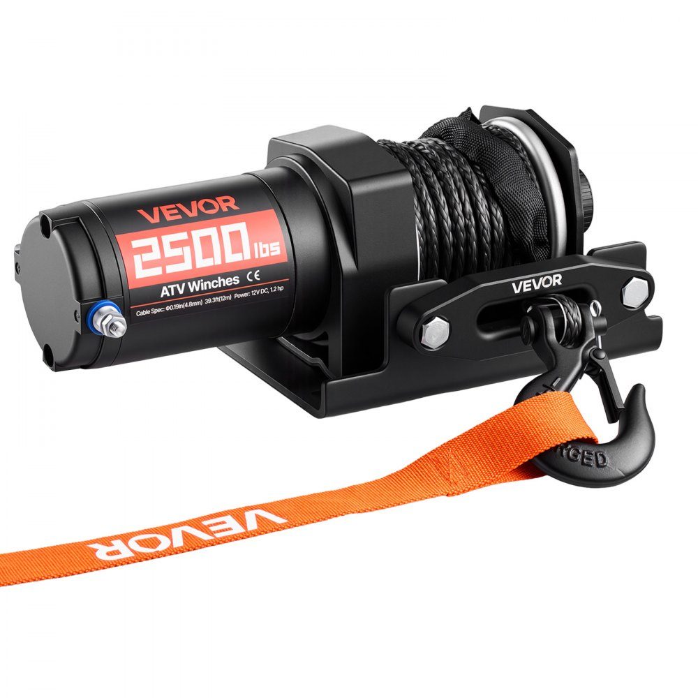 Electric Winch 1134kg 12V DC Motor Winch with 4.8mm x 12m Synthetic Rope and Wired Remote Control IP55 Aluminum Housing Electric Winch for ATV Towing Black