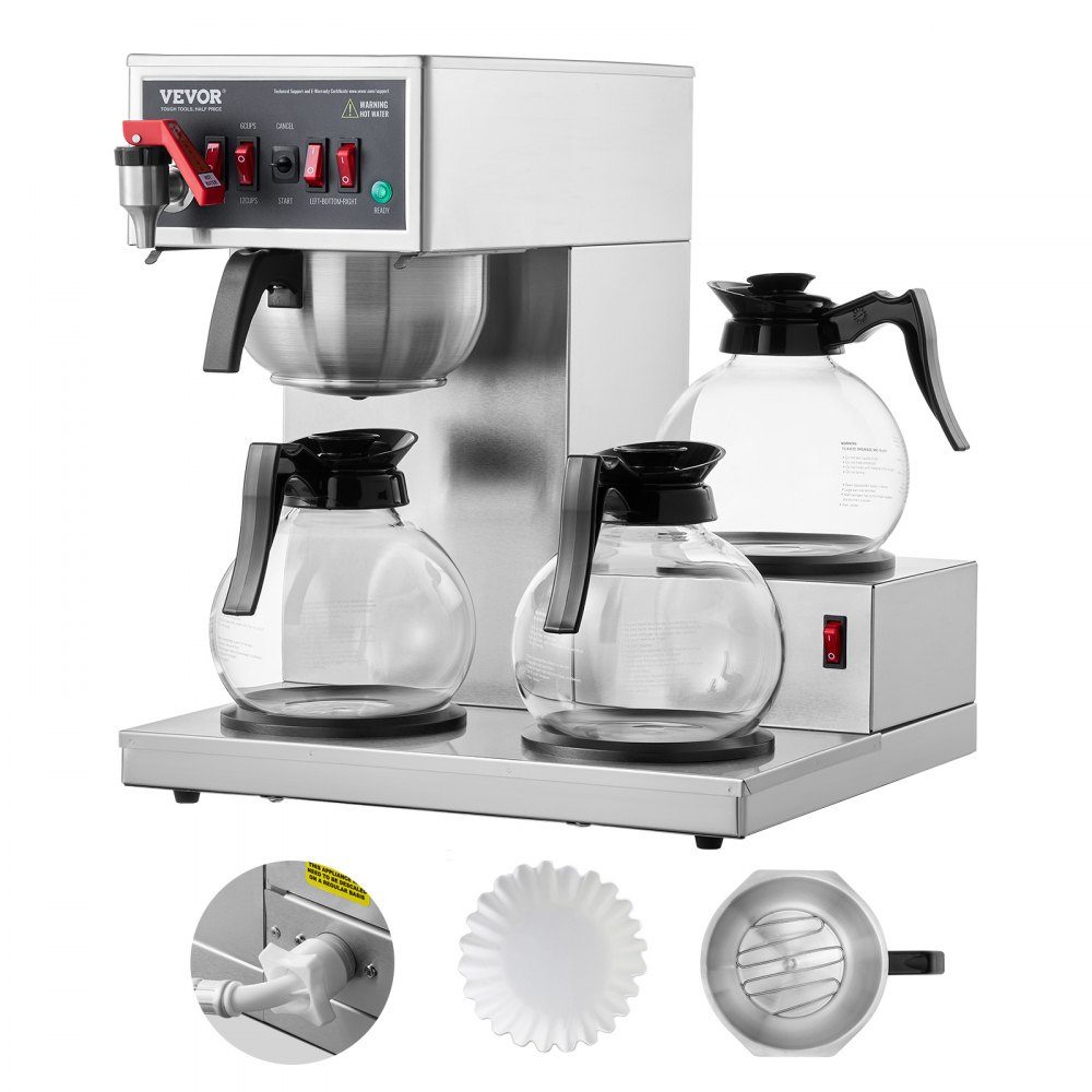 Kommerzielle Filterkaffeemaschine für 12 Tassen, Kaffeemaschine mit 3 Glaskaraffen & 3 Warmhalteplatten, Übergießkaffeemaschine aus Edelstahl für Restaurant, Büro, Café