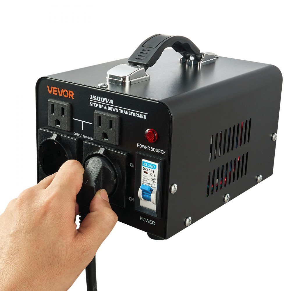 Voltage Converter Transformer, 1500VA step-up/step-down power transformer, 110V to 220V and 220V to 110V conversion, with US and EU sockets, power cord, circuit breaker