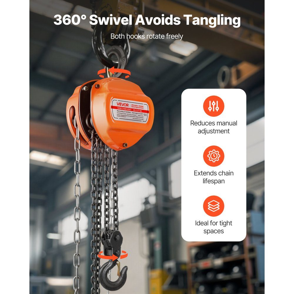 2T lastkettingtakel Handkettingtakel 6m hefhoogtetakel met G80-ketting Zwaar uitgevoerde katrol Handmatige takels Kettingkatrol voor garagemagazijn Automobielmachines Oranje