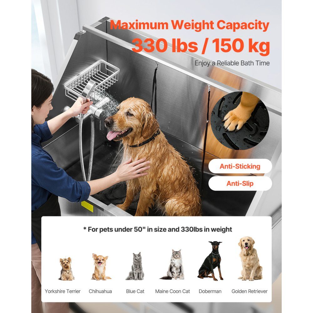 Electric Dog Washing Station with Lift Function, 50" Pet Grooming Tub with PE Water Filter Plate, Faucet and Shower Head, Dog Bathtub, Multi-Pet Sink (Left Door)