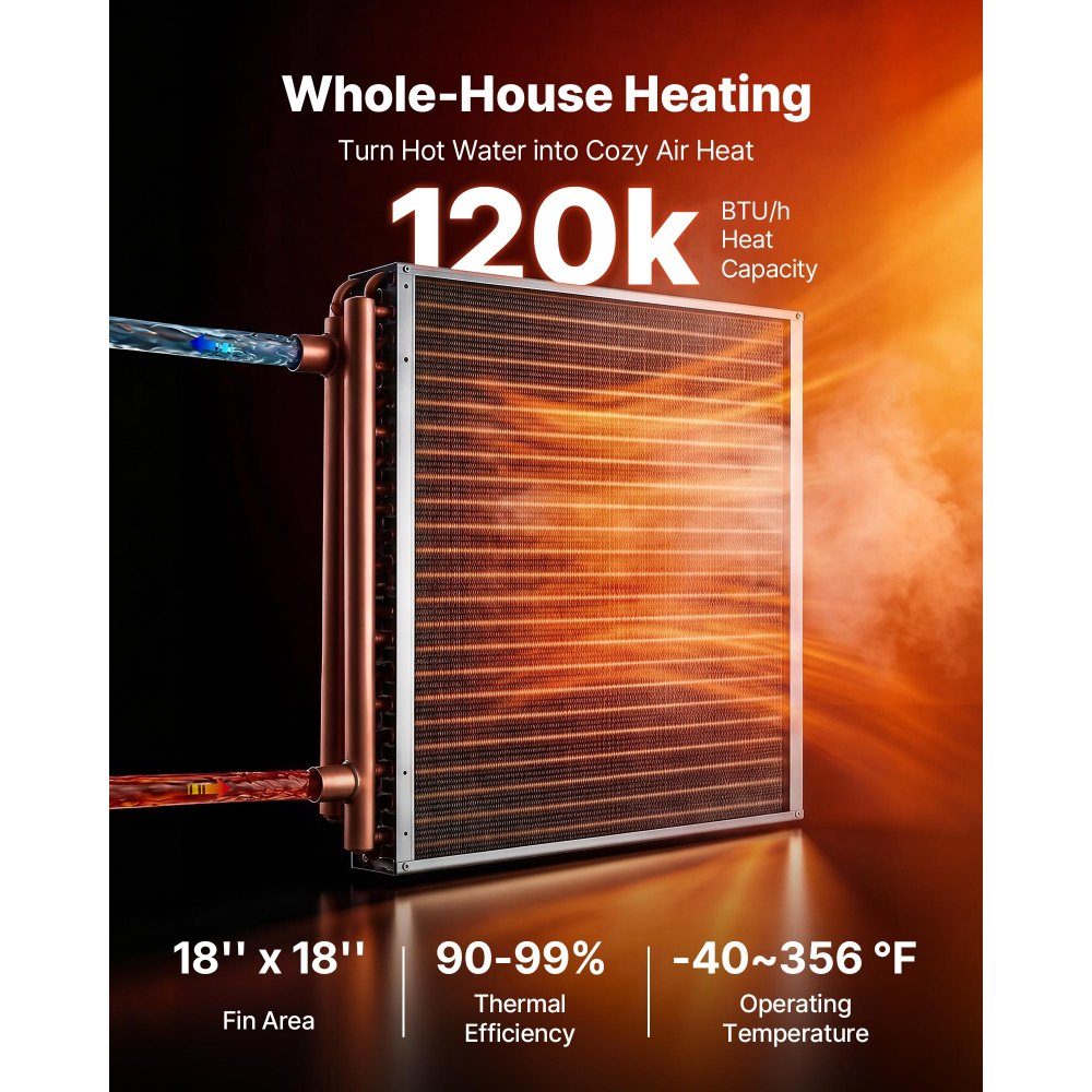 Lamellenwarmtewisselaar 457x457mm, 35,2kW warmtewisselaar met koperen aansluitingen & aluminium lamellen, water-lucht warmtewisselaar met 2,5 MPa werkdruk, warmtewisselaar voor verwarming en koeling binnenshuis