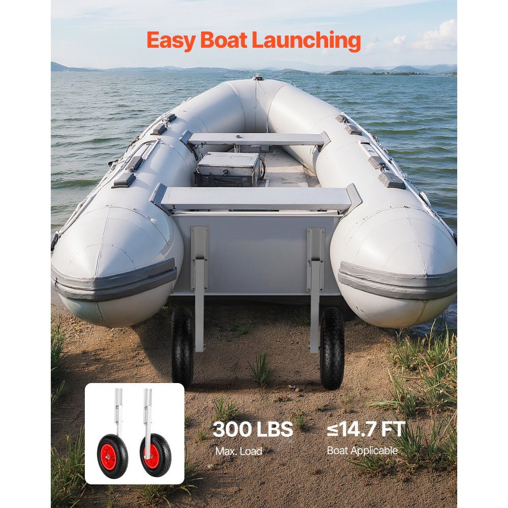 Boat Slip Wheels (300lb Load Capacity), 381mm Aluminum Alloy Tail Wheel with Inflatable Rubber Tires, Folding Slip Wheels with 4 Quick Release Pins for 15ft Inflatable Fishing Boats