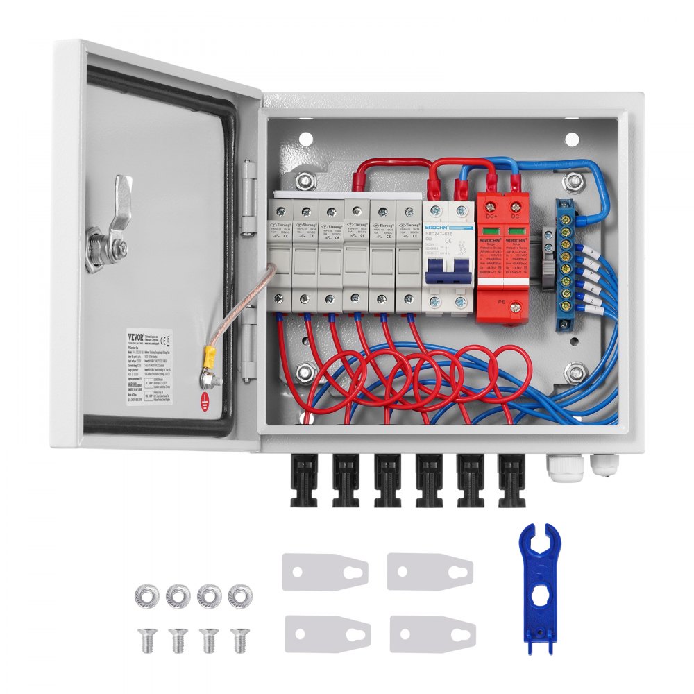 Boîte de collecte PV, 6 cordes, boîte de collecte solaire avec fusible nominal 15 A, disjoncteur 125 A, parafoudre et connecteur solaire, boîtier en acier pour système de panneaux solaires on/off, IP65 Boîte de collecte PV, 6 cordes, boîte de collecte solaire avec fusible nominal 15 A, disjoncteur 125 A, parafoudre et connecteur solaire, boîtier en acier pour système de panneaux solaires on/off, IP65