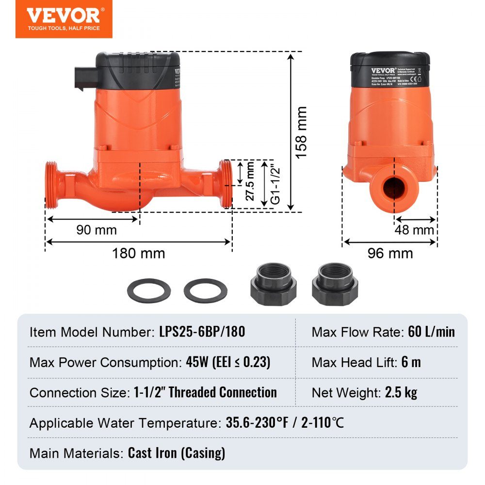 Hot Water Circulation Pump Energy Efficient High Efficiency Heat Pump ECM Permanent Magnet Motor 220V 45W 60L/min Flow rate, 6M max head, 1.5" thread connection, 5 intelligent control modes, low noise
