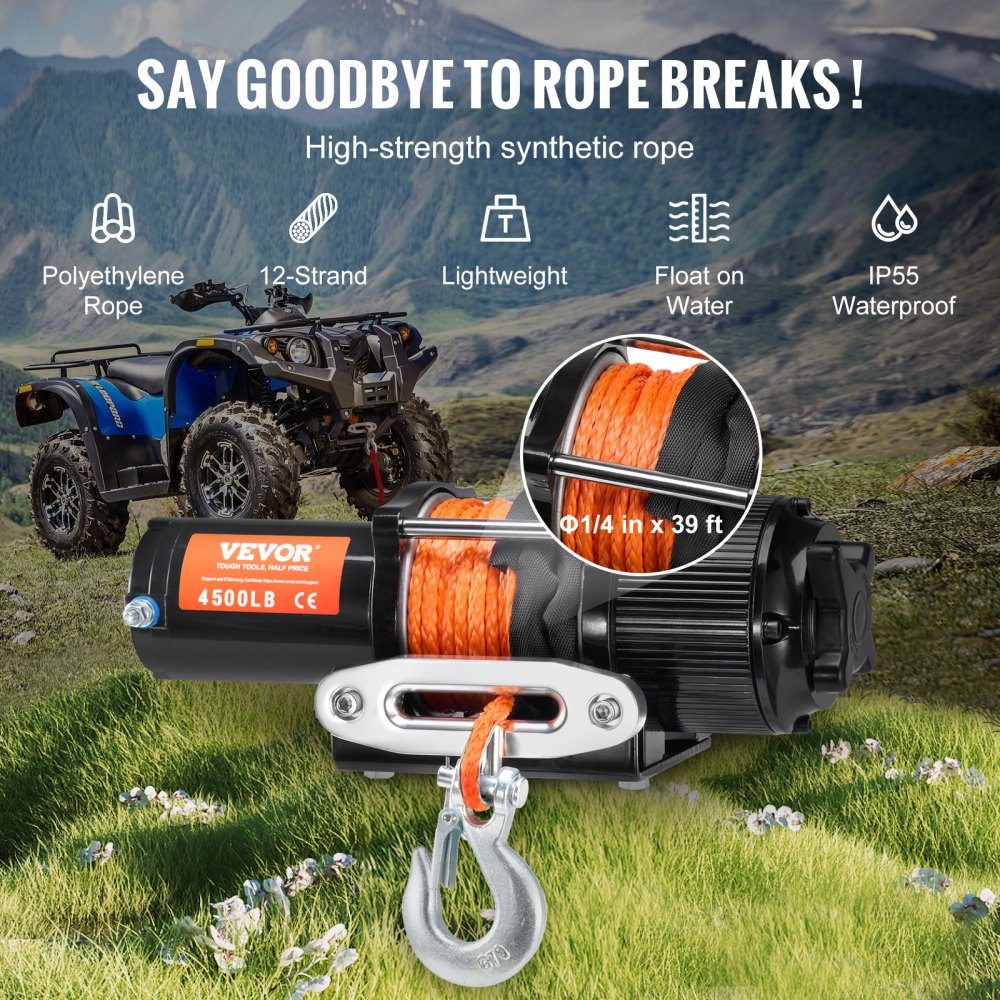 Electric Winch, 2048kg Pulling Force, 12V DC for ATV/UTV, with 12 Strand Synthetic Rope (Φ1/4" x 39ft), Aluminum Fairlead, Remote Controls, IP55 Water Resistance