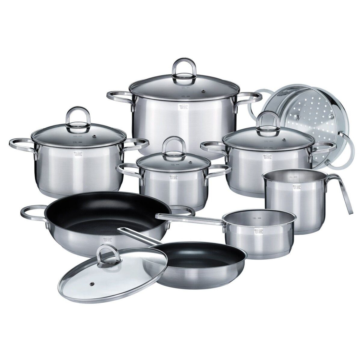 GSW “Alara” cooking pot set, 14 pieces, capsule base, pots with liter scale, made of stainless steel