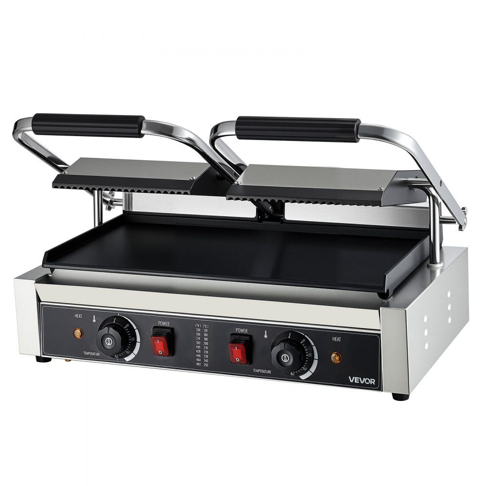 Commercial Panini Grill, Contact Grill 3600 W, for Sandwiches, Steak, Bacon, Hamburgers, Sandwich Maker, Stainless Steel Press Grill with Handle & Temperature Controller & 48 x 23 cm Heating Plate, Panini Press