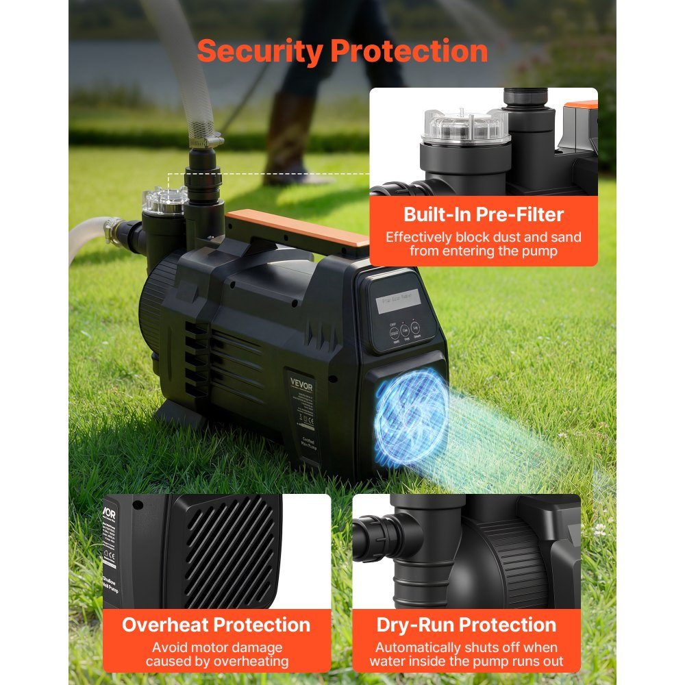 Gartenpumpe 1300 W, Bewässerungspumpe max. Förderleistung 4800 L/h, PP-Strahlpumpe, Saugpumpe mit 48 m Förderhöhe, intelligente elektronische Steuerung, für Gartenbewässerung und Rasensprinkler