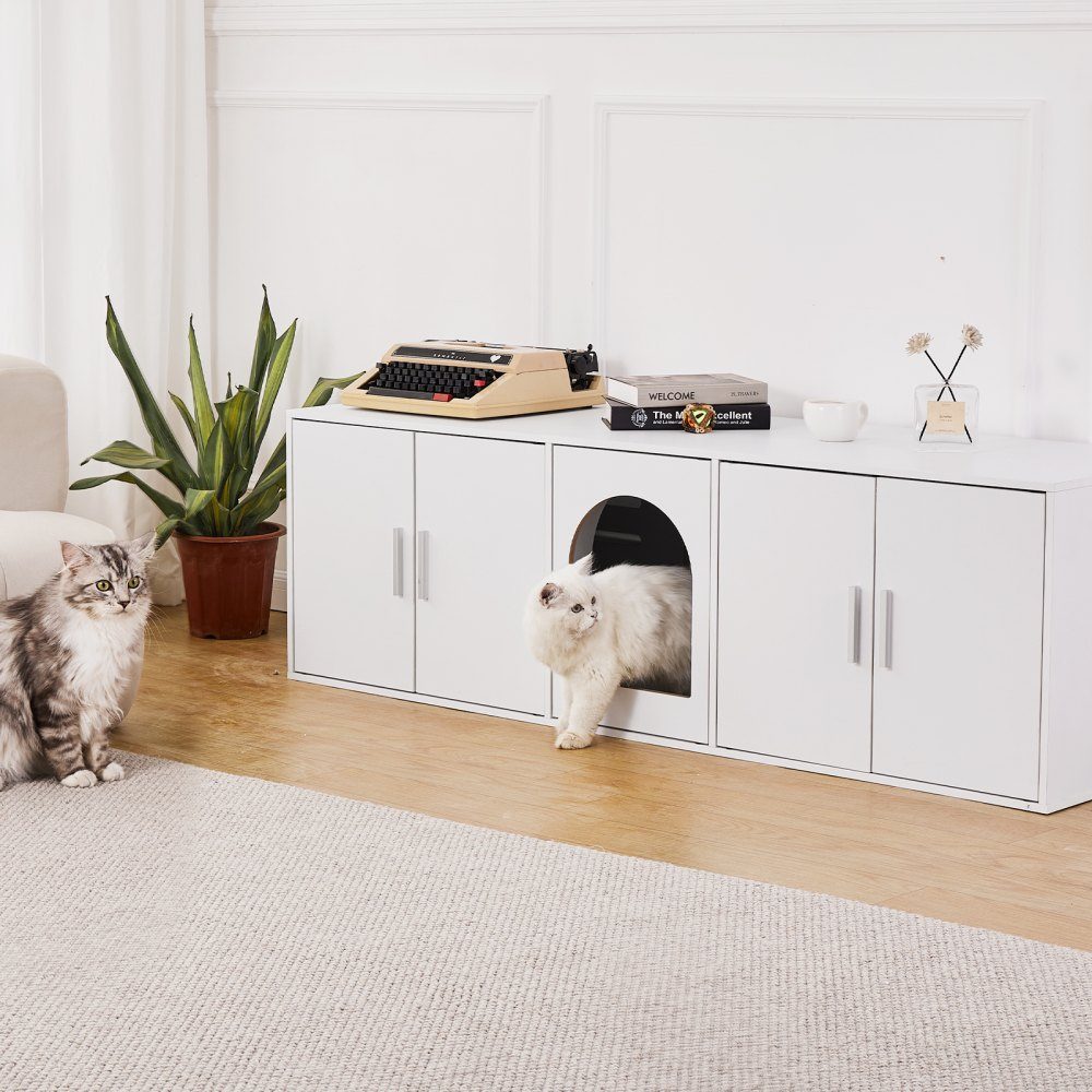 Cat Litter Box Enclosure for 2 Cats, Hidden Cat Litter Box Furniture with Double Rooms, Wooden Litter Box Cabinet, Fits Most Litter Boxes, 57.9"L x 18.3"W x 17.9"H, White