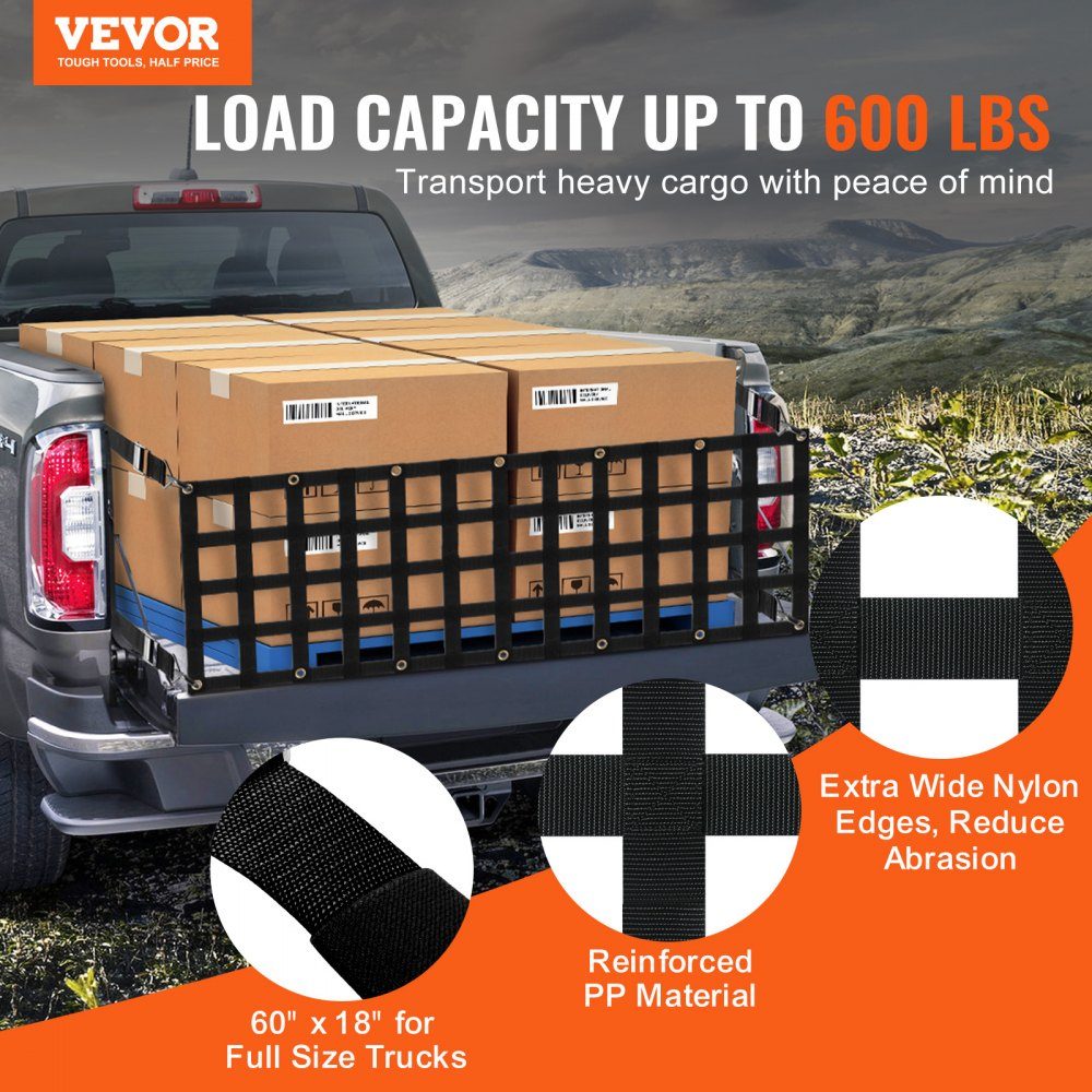 Tailgate Net 1525x470mm Truck Bed Net with 4 Adjustable Telescopic Straps Extendable and Durable Flexible Adjustment Cargo Net Suitable for Pickup Trailer Truck Jeep SUV