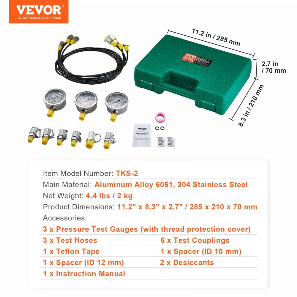 Hydraulic Pressure Test Kit, 250/400/600 Bar, 3 Gauges, 6 Test Couplings, 3 Test Hoses, Excavator Hydraulic Test Gauge Set with Portable Carry Bag for Excavators, Tractors, Construction Machinery
