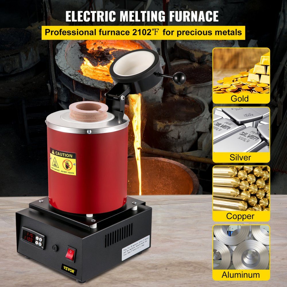 Goldschmelzofen 1350 W, 1150 ℃ max. Temperatur, digitaler elektrischer Schmelzofen, 3 kg Keramiktiegel mit Barrenmatrize und Handschuhen, für die Verarbeitung von Gold, Silber, Kupfer, Aluminium, Rot