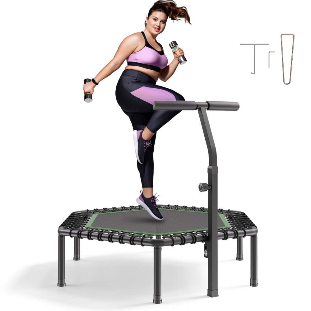 Indoor fitnesstrampoline voor volwassenen, mini-trampoline met een draagvermogen van 205 kg, rebounder-trampoline van 1385 mm met in 3 niveaus in hoogte verstelbare handgreep en schuimrubberen handgreep, hometrainer, sportuitrusting Indoor fitnesstrampoline voor volwassenen, mini-trampoline met een draagvermogen van 205 kg, rebounder-trampoline van 1385 mm met in 3 niveaus in hoogte verstelbare handgreep en schuimrubberen handgreep, hometrainer, sportuitrusting