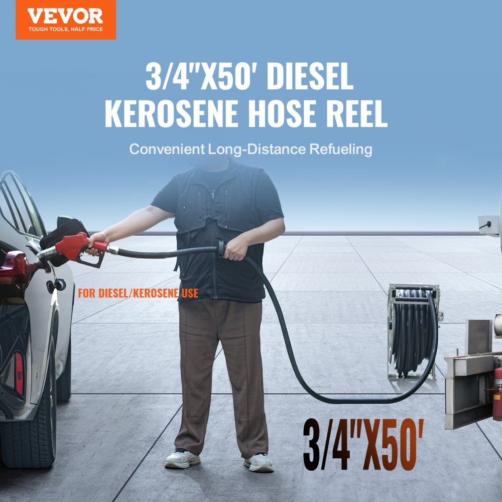 Fuel Hose Reel, Retractable Diesel Hose Reel, 3/4" x 60" Automatic Refueling Nozzle