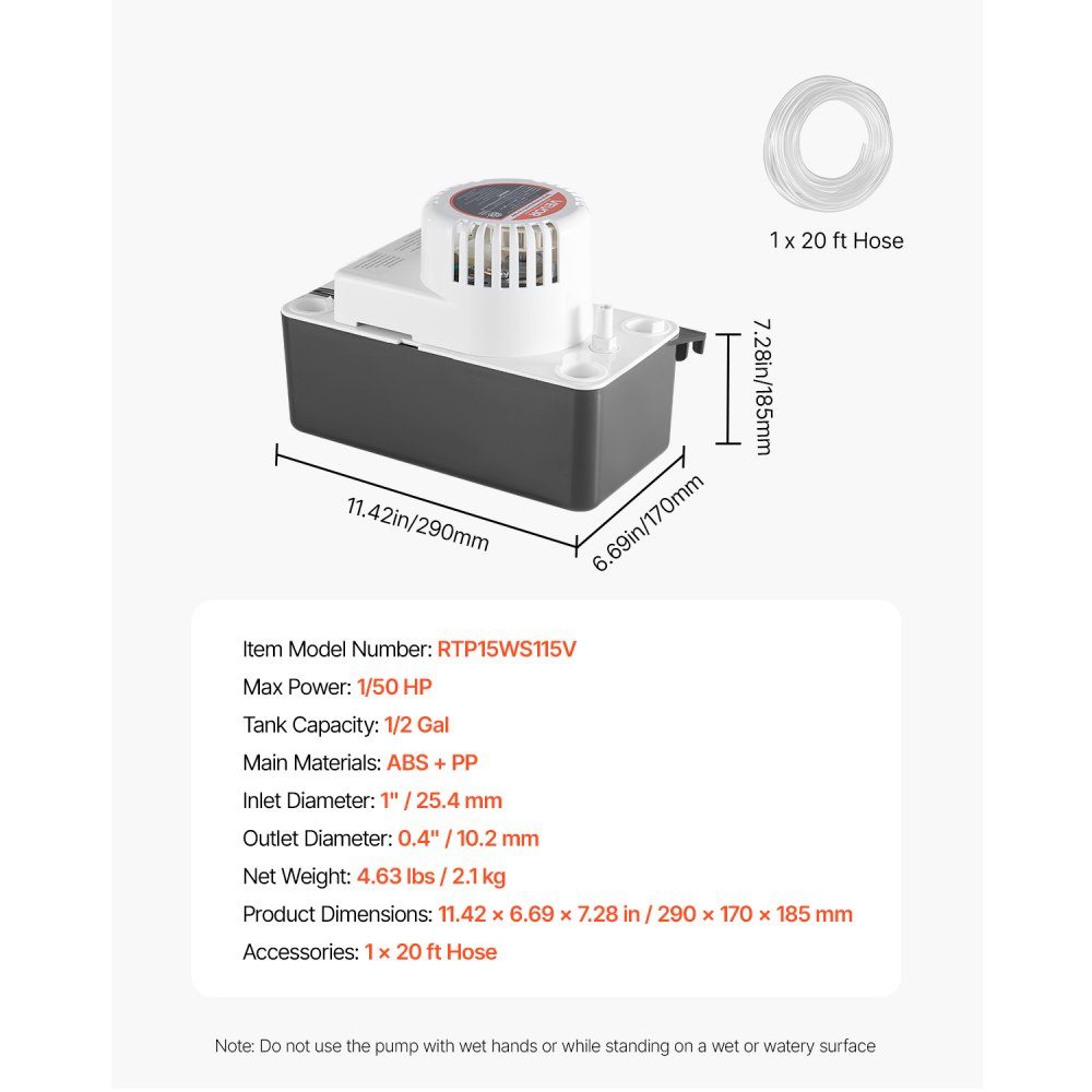 Condensate Extraction Pump, Condensate Pump, 1/50 HP 1.89L Tank, Automatic AC Condensate Pump with Float Switch and 6m Hose for Air Conditioner, Dehumidifier, Ice Maker, Water Drain, Black