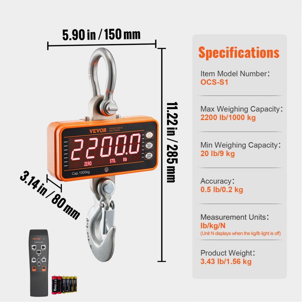 Digitale Hängewaage, 9 bis 1000 kg, Kranwaage, lbs/kg/N, Zugwaage, 0,2 kg Genauigkeit, Spielwaage, Industriewaage, LED-Display, Hängewaage, tragbare Mini-Waage mit Fernbedienung, 9 Funktionen