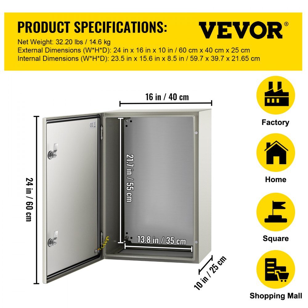 NEMA stalen behuizing 60x40x25cm NEMA 4X stalen schakelkast IP66 waterdicht en stofdicht elektrische aansluitdoos voor buiten/binnen met montageplaat