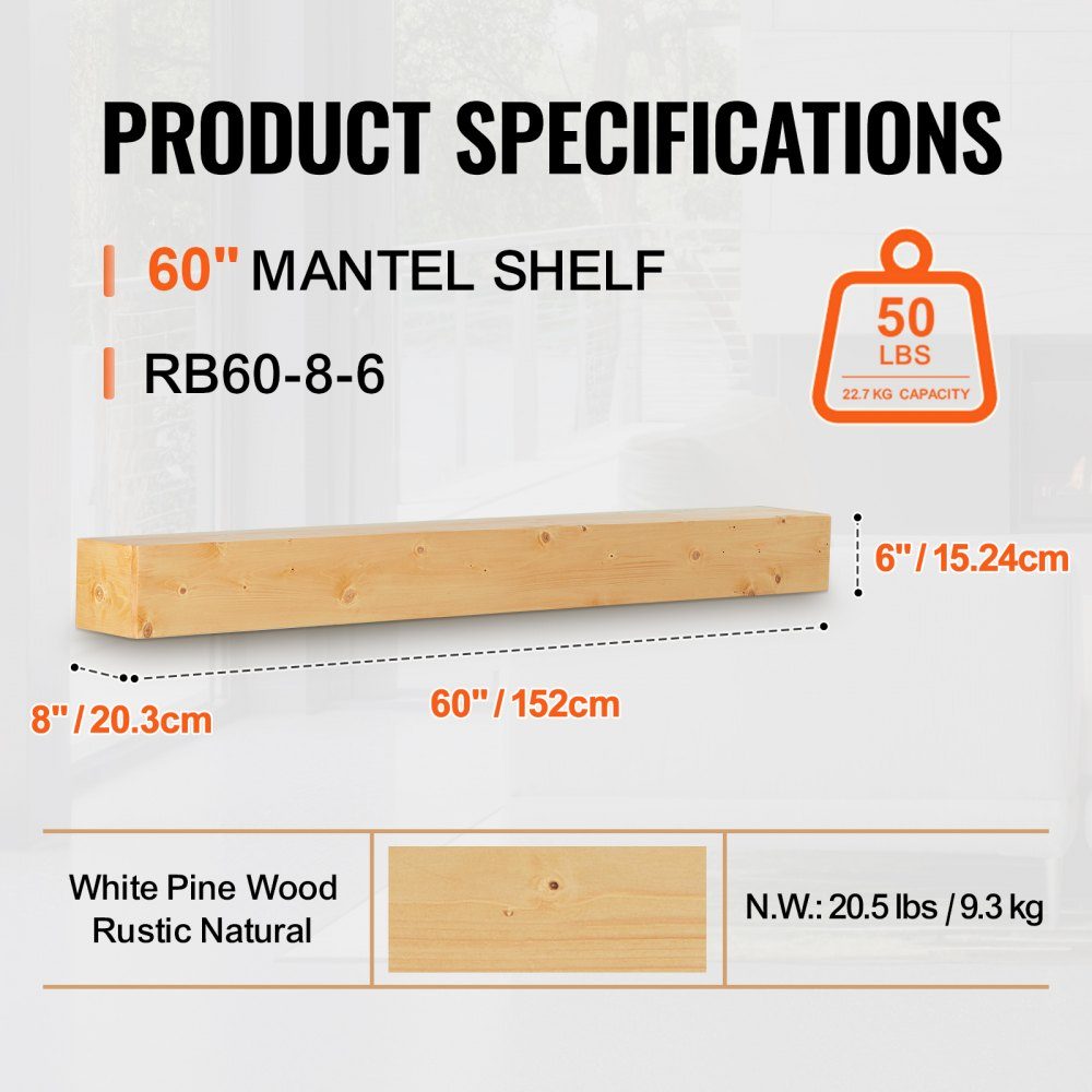 Kaminsims, 152,4 x 20,3 x 15,2 cm, Tragkraft: 22,7 kg, Naturholz, Kaminsims über dem Kamin, schwebendes Bauernhaus-Wandregal, handgefertigtes Kaminsims aus Holz, Wanddekoration, rustikales Naturholz